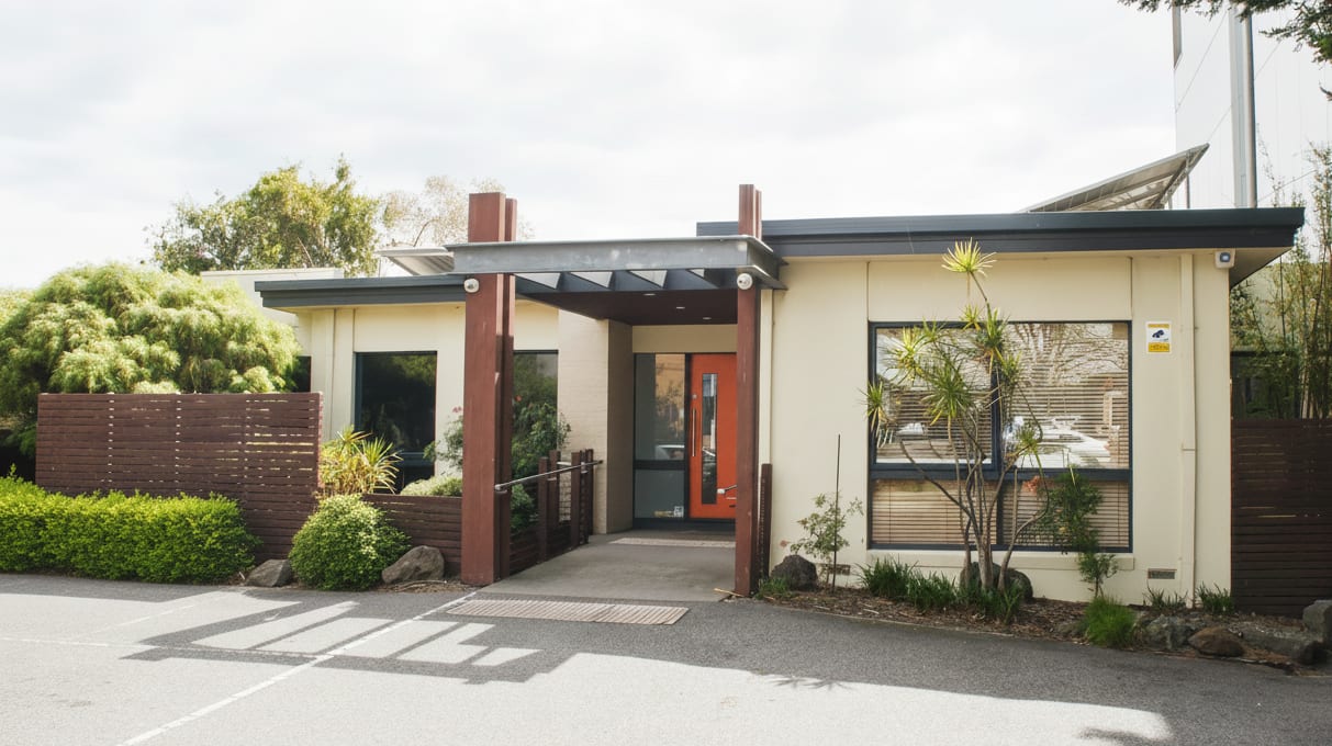 The front of Park Road Dental at 155 Park Road, Cheltenham: a single-storey clinic with an orange front door, a ramped entrance and on-site parking.